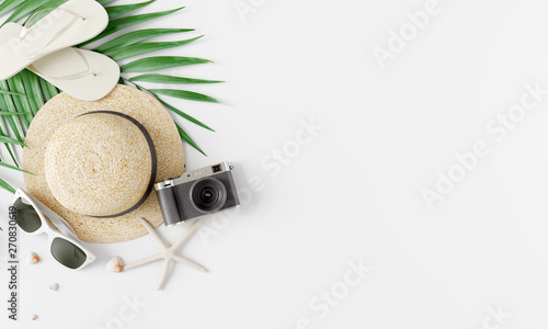 Flat lay traveler accessories on white bright background. Travel summer concept. 3d rendering