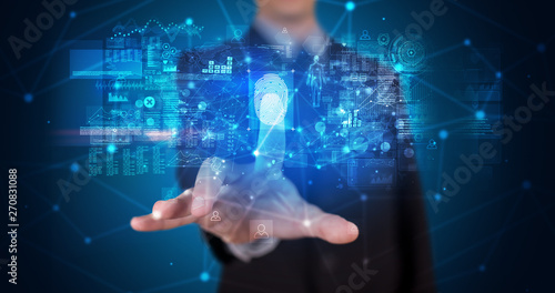 Man accessing modern hologram personal database with fingerprint identification