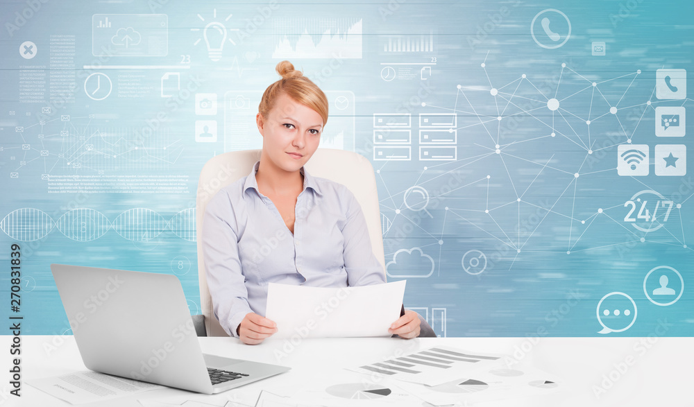 Business person at front desk with workflow concept
Business person at front desk with workflow concept