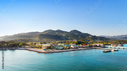 Canvas Print Panorama of tropical resort Amber Cove with pier for cruise ships  and resort in