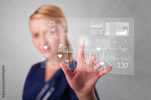 Doctor touching hologram screen displaying healthcare running symbols 