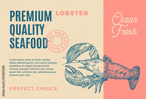 Premium Quality Seafood. Abstract Vector Packaging Design or Label. Modern Typography and Hand Drawn Lobster or Crayfish Silhouette Background Layout