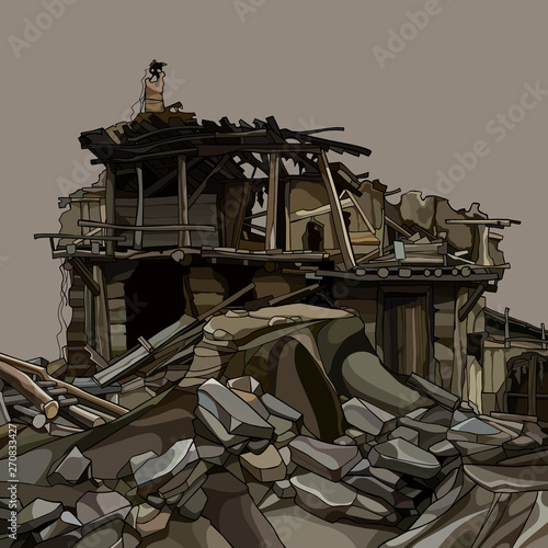 cartoon ruins of a wooden house in stones