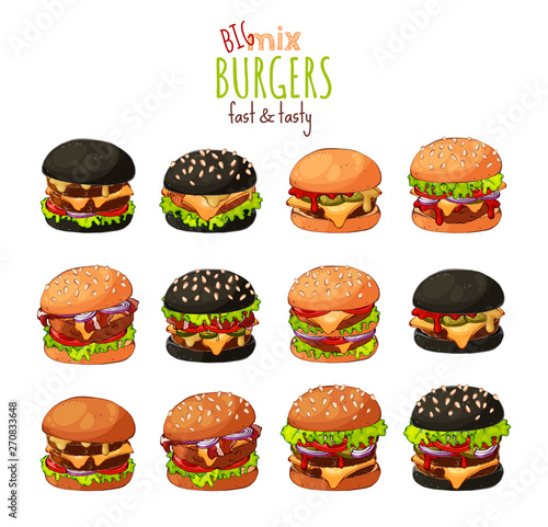Vector. Big set of different kinds of burgers.
