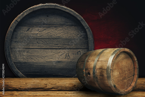 Valokuvatapetti Wooden barrel background and worn old table of wood.