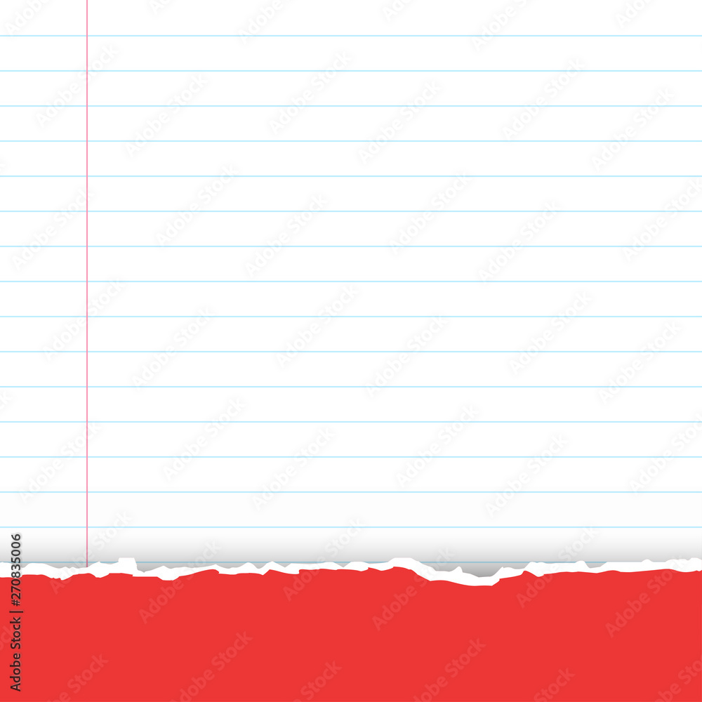 Obraz premium A sheet of white striped paper with a left margin. Classic note for study. Torn paper with copy space for your text. Illustration.