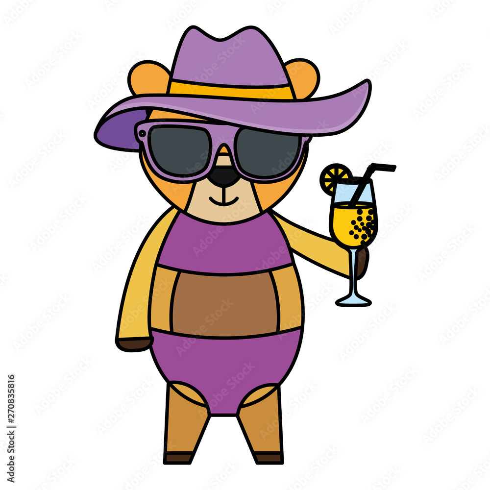 cute female bear with summer hat and cocktail