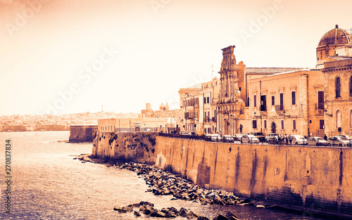Sicily landscape, View of old buildings in seafront of Ortygia (Ortigia) Island, Syracuse, Sicily, Italy.