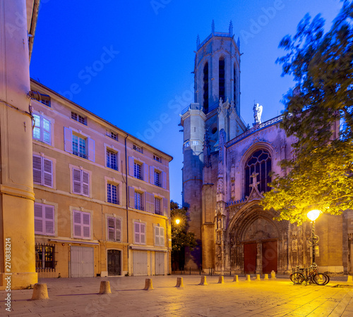 Aix-en-Provence. The facade of the old catholic cathedral at sunrise.
