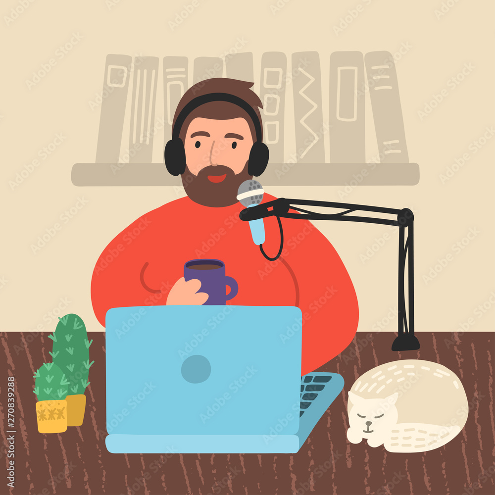Podcasting. Man with laptop talking to microphone at home.