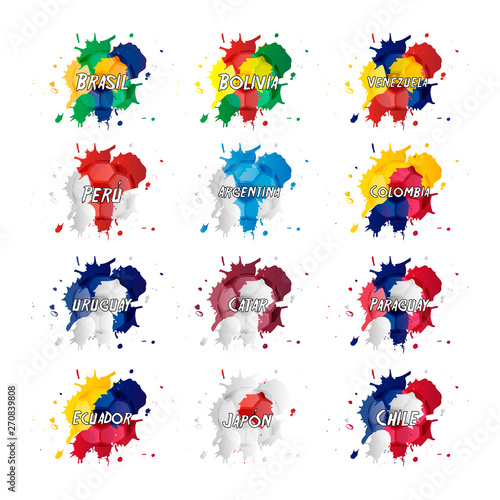 Set of paint splatters and spills in different countries flags colors with a soccer ball opacity and the name of each country in spanish.  Football Championship. Copa América 2019.