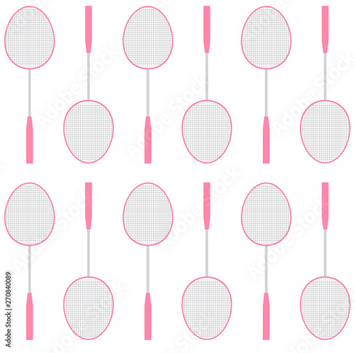 Vector seamless pattern of flat cartoon pink badminton racket isolated on white background 