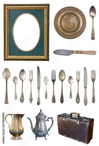 Set of beautiful antique items, picture frames, furniture, dishes. Retro. Vintage. Isolated on white background