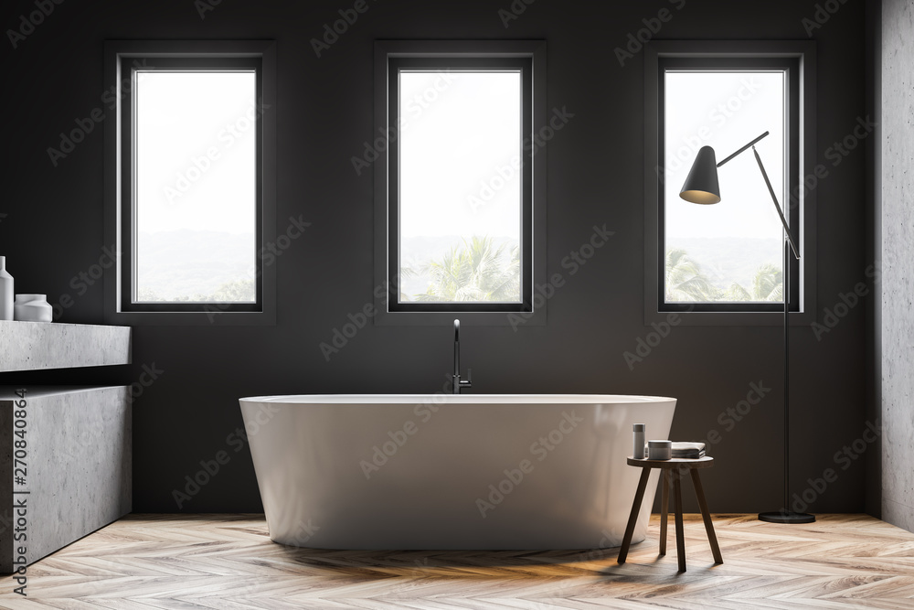 Fototapeta premium Gray bathroom interior with bathtub