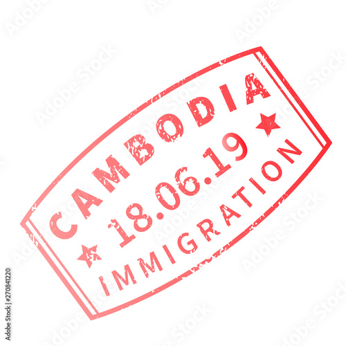 Cambodia International travel visa stamp on white. Arrival sign purple rubber stamp with texture