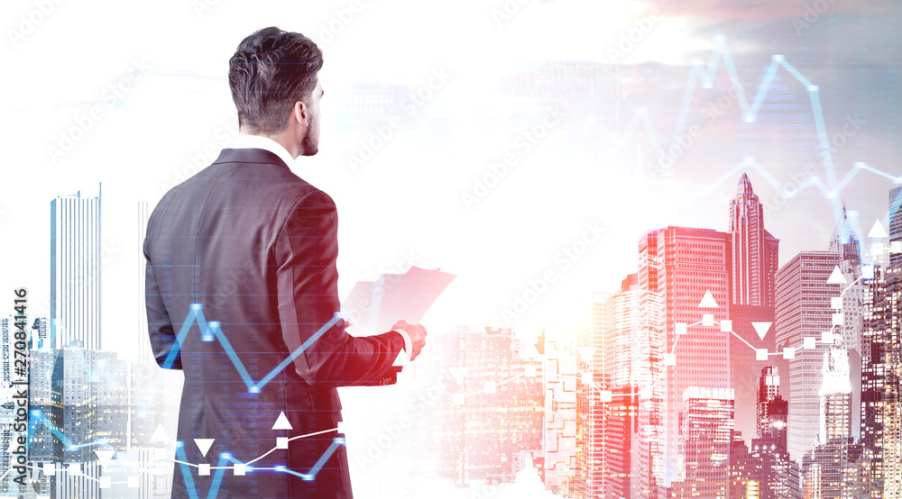 Man with documents in city, market analysis Man with documents in city, market analysis