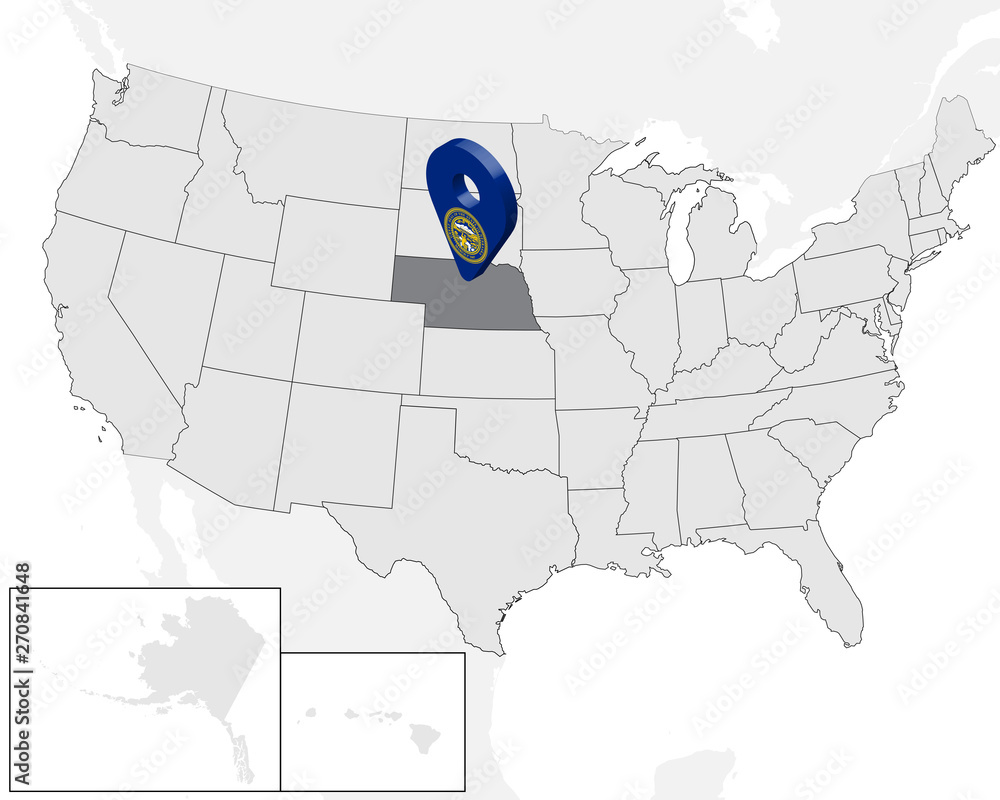Location Map of State Nebraska on map USA. 3d State Nebraska flag map