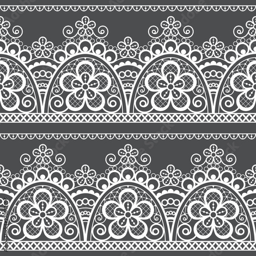 Lace vector seamless pattern, detailed retro ornament, lace design with flowers and swirls in white on gray background