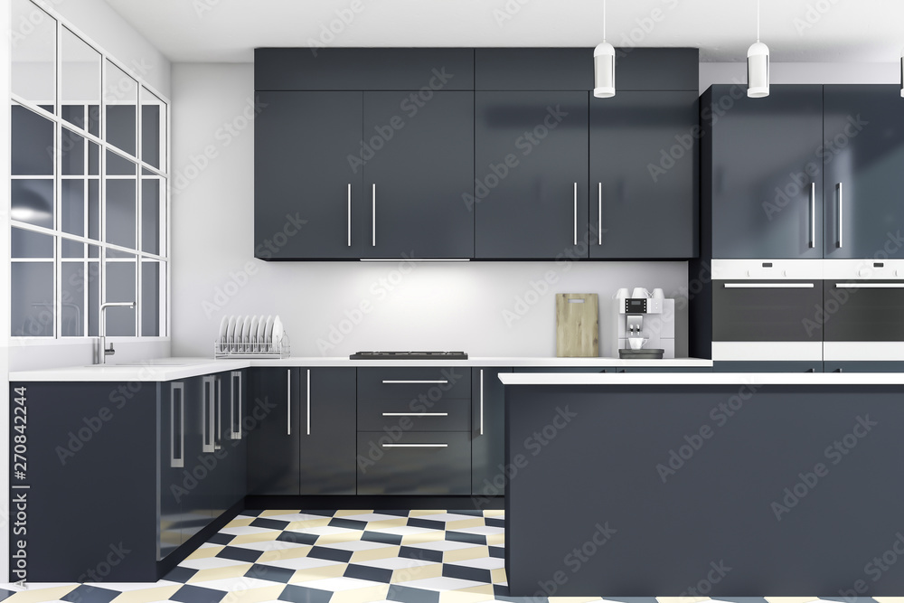 White kitchen with countertops and island