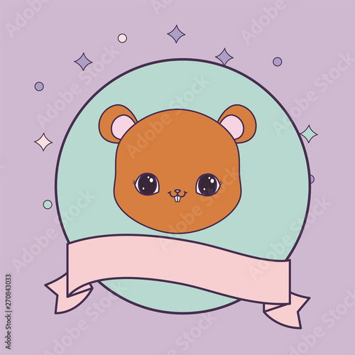 head of cute chipmunk in frame circular with ribbon