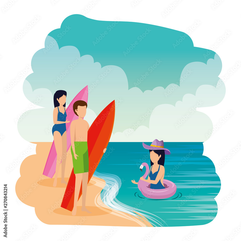 young people with swimsuit and surfboard on the beach