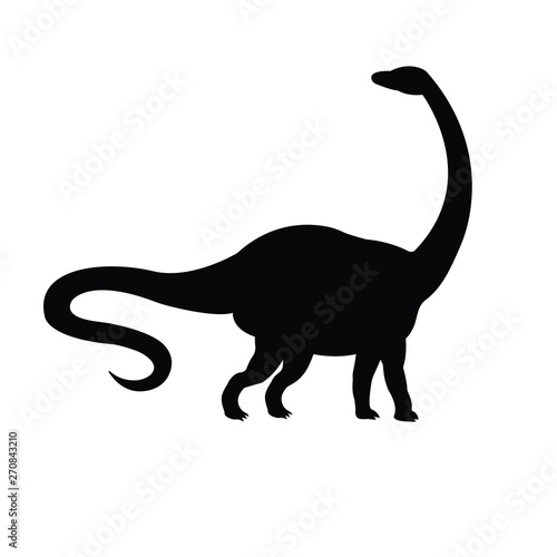 Vector flat black silhouette of standing diplodocus isolated on white background