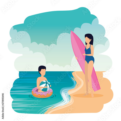 young couple with float and surfboard on the beach © Gstudio