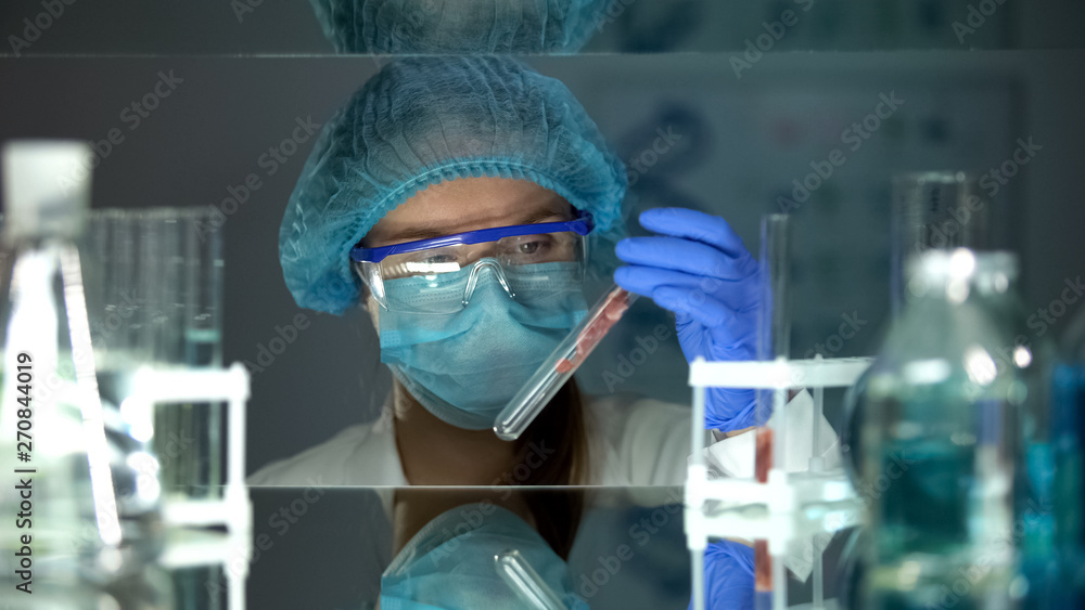 Lab worker studying meat sample in test tube, genetically modified organism Lab worker studying meat sample in test tube, genetically modified organism