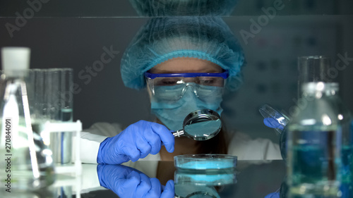 Billede på lærred Researcher analyzing blue pigment with magnifying glass, dye-staff powder