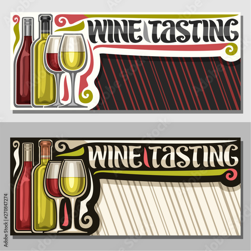Vector invitation for Wine Tasting with copy space, illustration of french wine bottles and half full shiny wineglasses, decorative lettering for words wine tasting on red and white striped background