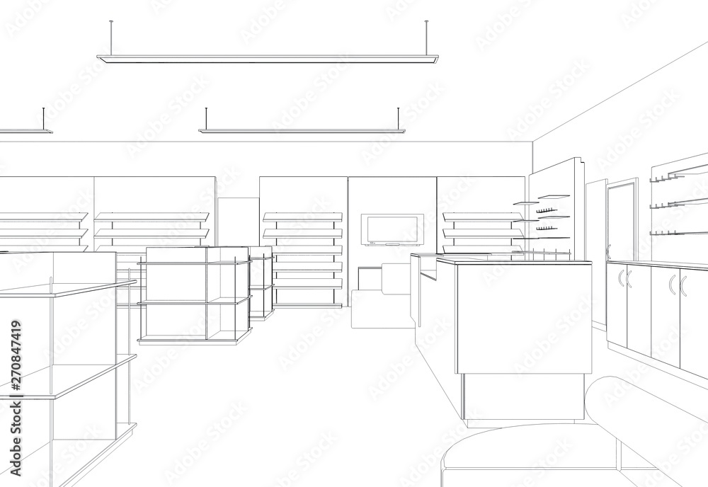 Obraz premium shop, store, contour visualization, 3D illustration, sketch, outline