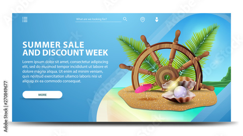 Summer sale and discount week, creative horizontal web banner with beautiful scenery, steering wheel of the ship in the sand, palm leaves and pearl