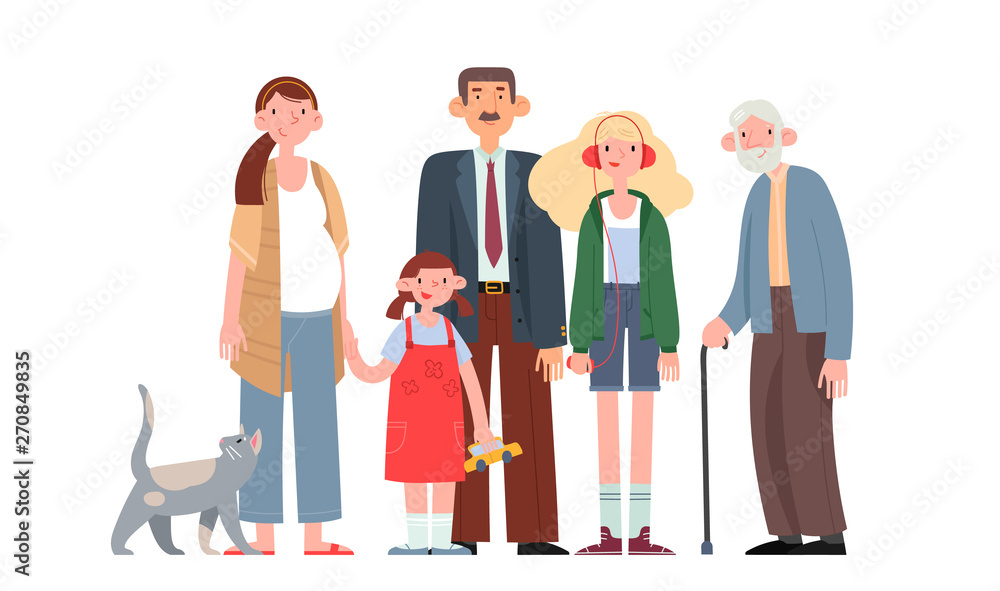 A happy family. A pregnant woman with a husband, two children, a grandfather and a cat. Flat cartoon vector illustration.