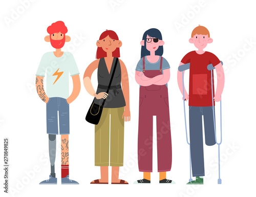 A group of young disabled people. Bionic prosthetics replacing lost physical abilities. Flat cartoon vector illustration.