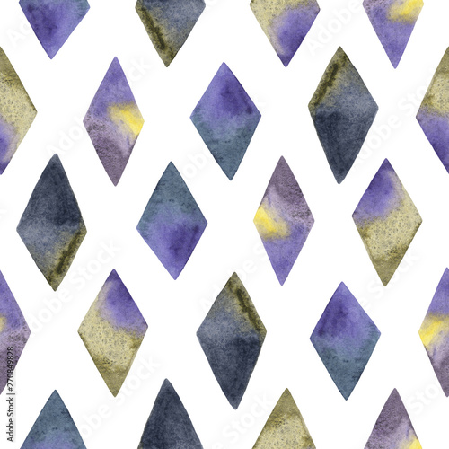 Seamless pattern with watercolor hand painted textured rhombus. Abstract geometric background in violet, yellow, blue and grey colors. Perfect for fabric, wallpaper or decorative paper