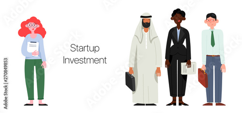 Startup investing. A group of characters depicting startupers and investors who are ready to finance the project. Flat cartoon vector illustration.