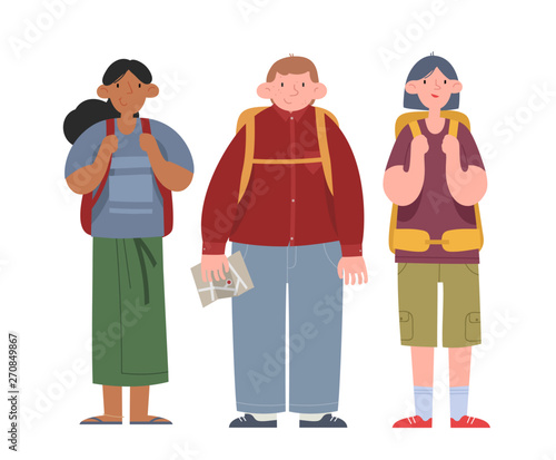 Tourism and hiking. A group of young guys with backpacks and a map. Flat cartoon vector illustration. Flat cartoon vector illustration.