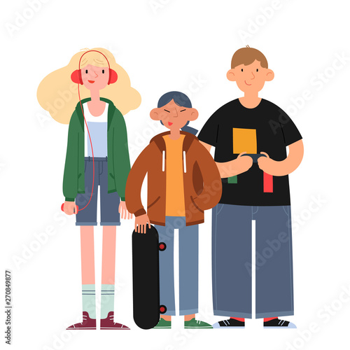 School-age childrens hobbies - drones launching, tourism, music and dancing. Children of various races standing together on white background. Flat cartoon vector illustration.