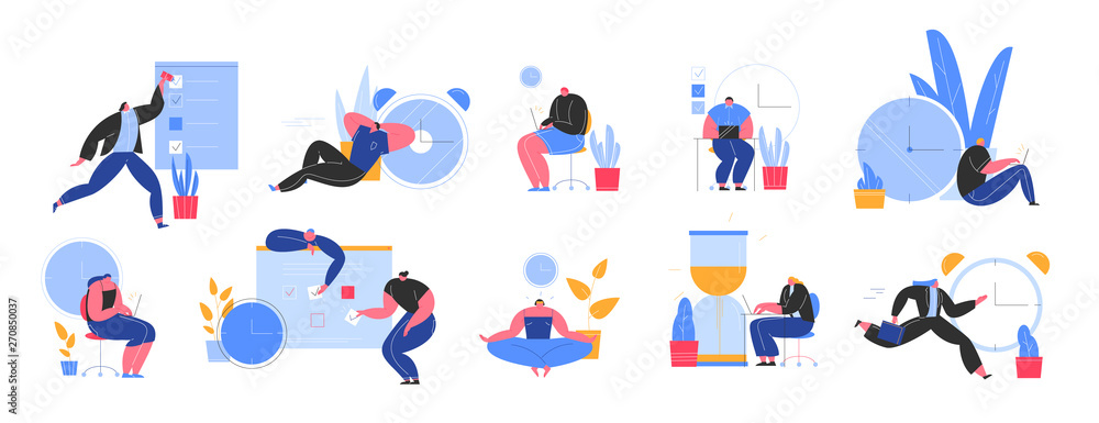 Set of people successfully organizing their appointments and tasks . Situations and office scenes with efficient and effective time management and multitasking at work. Flat vector illustration.