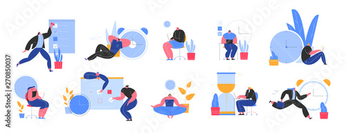 Set of people successfully organizing their appointments and tasks . Situations and office scenes with efficient and effective time management and multitasking at work. Flat vector illustration.