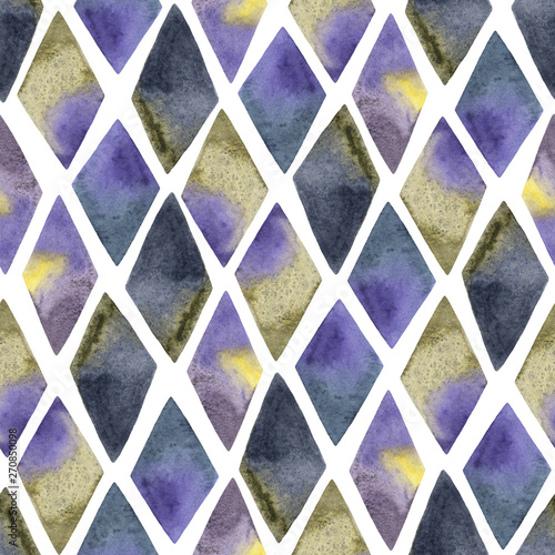 Abstract seamless pattern with watercolor rhombus in violet, yellow, blue and grey colors