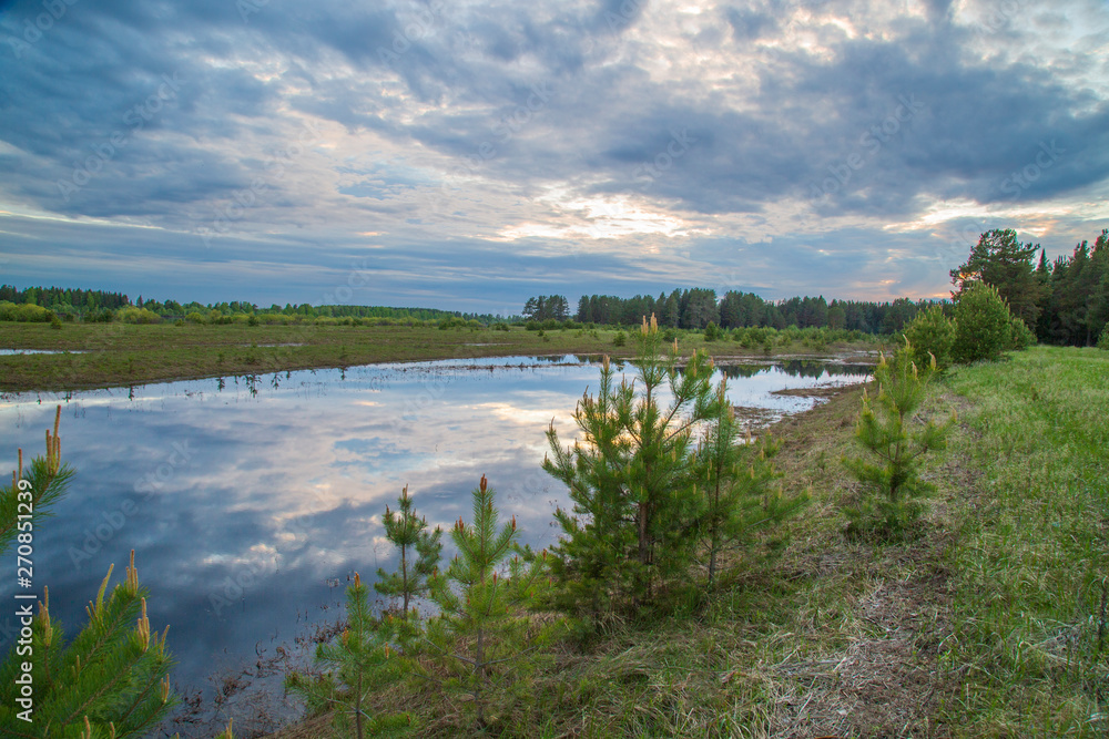 Evening landscape on the lake in the forest in the spring. Evening landscape on the lake in the forest in the spring.
