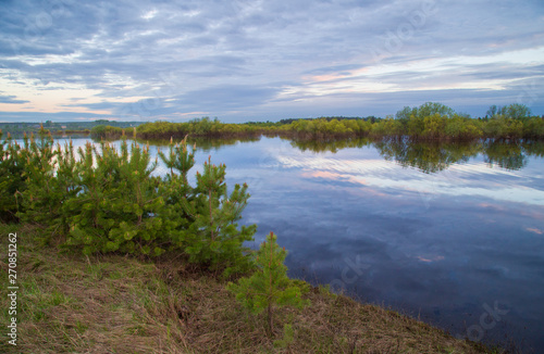 Evening landscape on the lake in the forest in the spring.