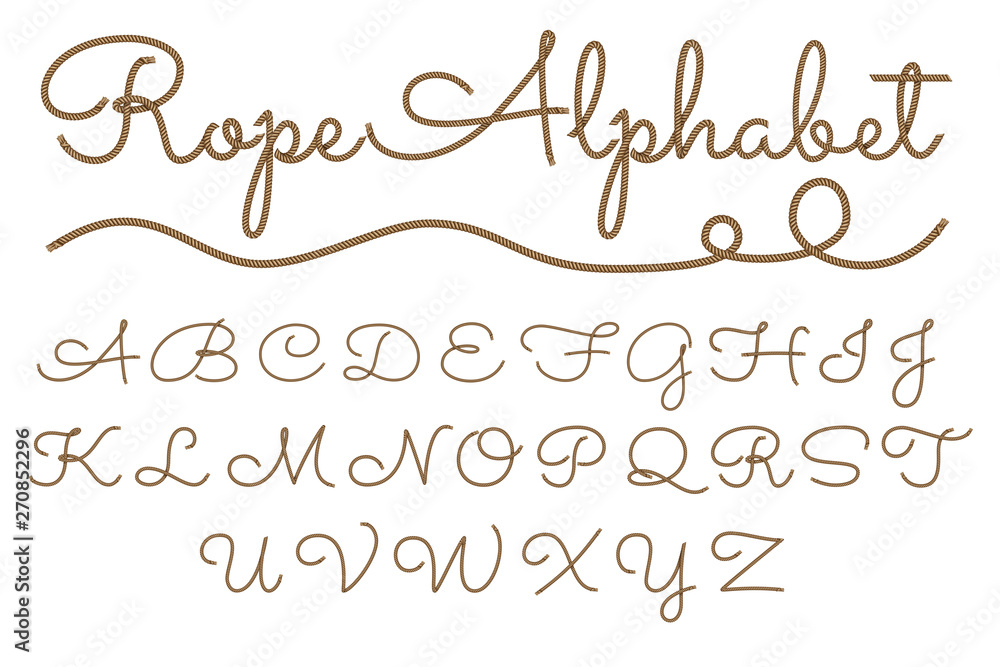 Rope hand drawn font, 3d realistic effect, capital uppercase letters. Vector illustration EPS 10 Rope hand drawn font, 3d realistic effect, capital uppercase letters. Vector illustration EPS 10