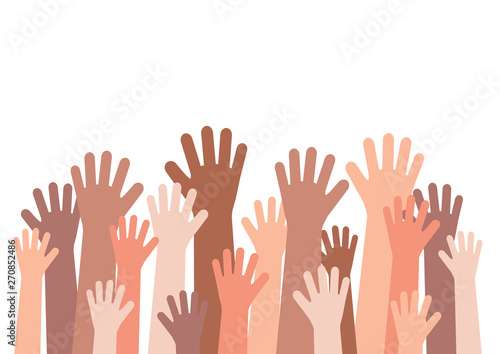 The hands of various people stretch raised to the top against the background. Crowd. Vector illustration.