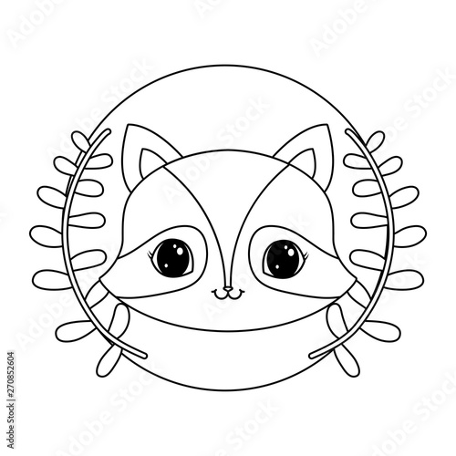 head of cute raccoon in frame circular with crown of leafs