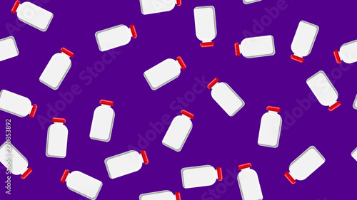 Seamless pattern texture of white plastic medical pharmacetic jars with lids of medication, drugs on a purple background. Vector illustration