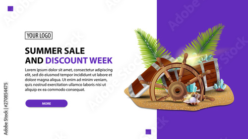 Summer sale and discount week  discount white minimalist web banner template for your website with treasure chest  ship steering wheel  palm leaves  gems and pearls