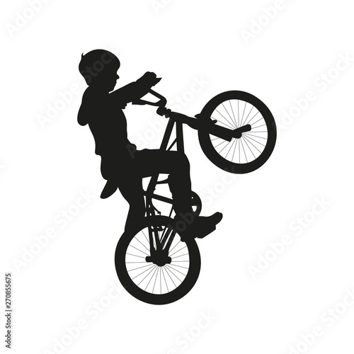 Isolated icon of blak silhouette of child boy on bicycle on white background.