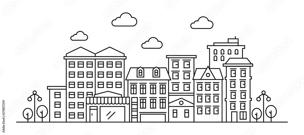 Thin line style city panorama of urban landscape skyline city office buildings. Outline cityscape Thin line style city panorama of urban landscape skyline city office buildings. Outline cityscape